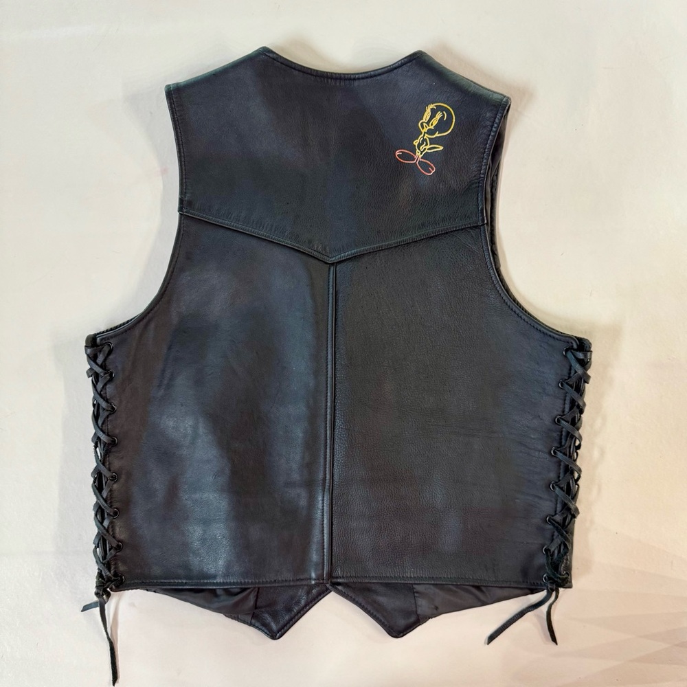 Black Leather Motorcycle Vest with Lace-Up Sides (46) - Picture 7 of 17